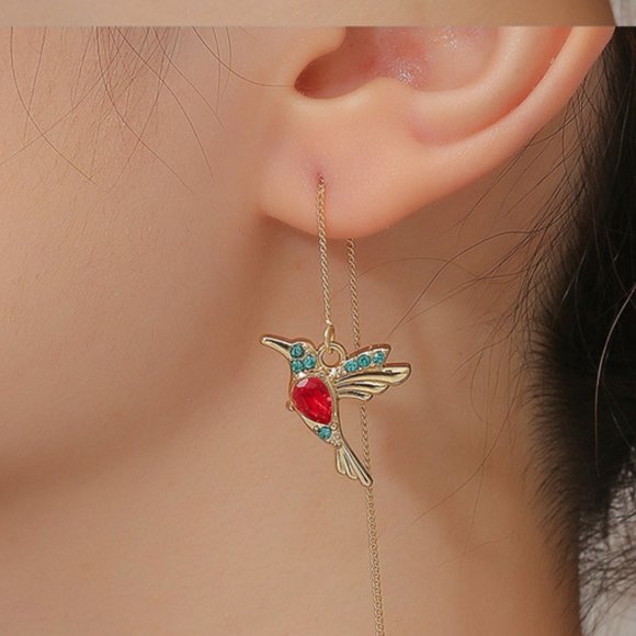 New ! Exquisite Rhinestone Red Humming Bird Long Chain Threader Retro Earrings - Picture 1 of 5